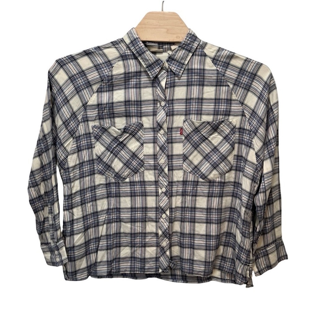Levis Womens Large Blue Pink Plaid Raglan Long Sleeve Button Down Shirt Pocket